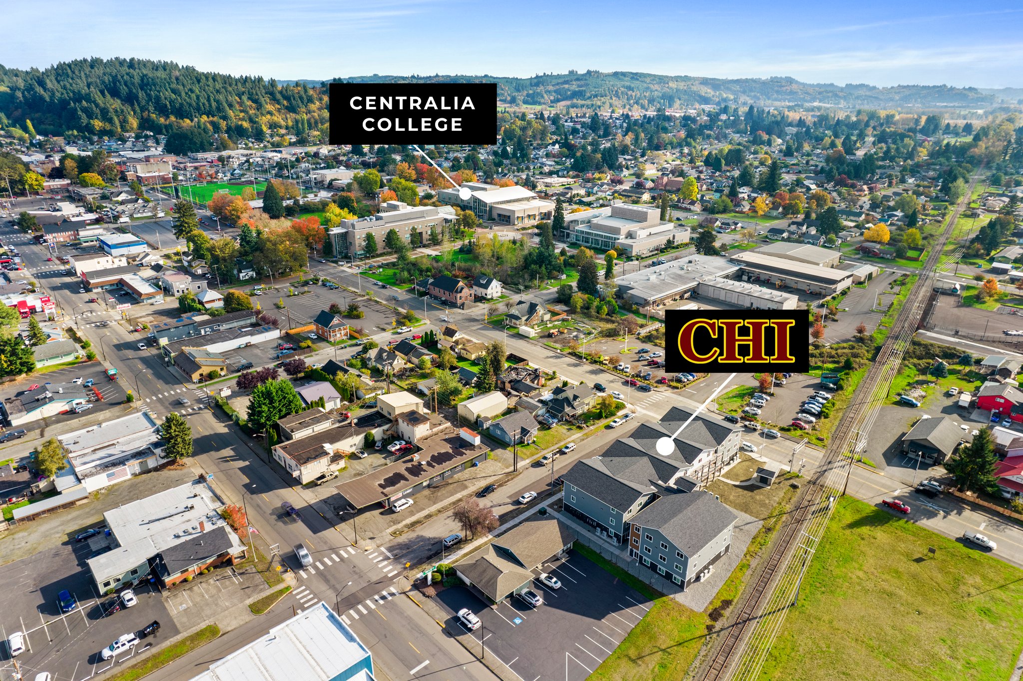 Aerial view showing that CHI is right next to Centralia College.