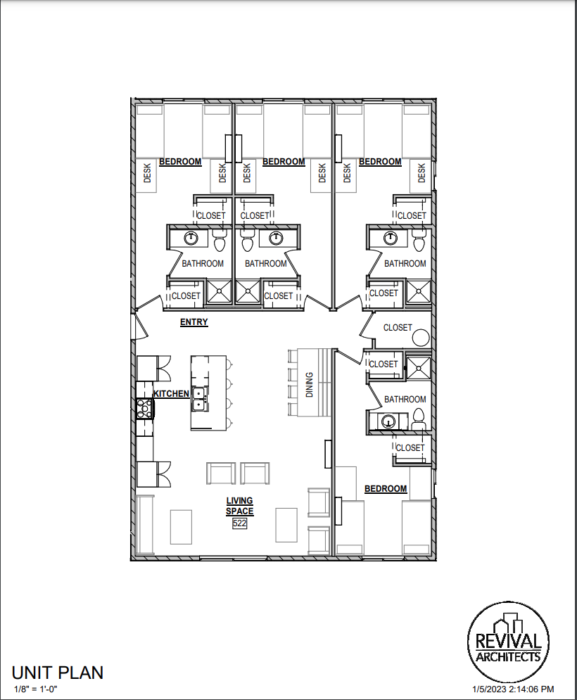 The floorplan of a typical suite, showing four bedrooms, each with a private bathroom and closet. The bedrooms share a common kitchen and living room.